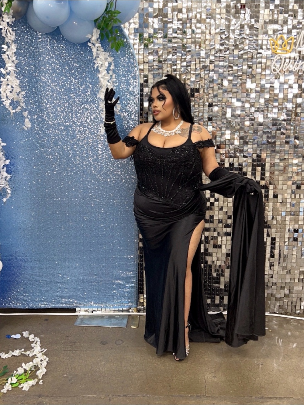 Black Beaded Off-Shoulder Evening Wedding Dress with High Slit
